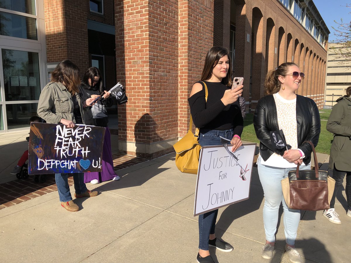kingWTOP's tweet photo. Interested parties in the #DeppDefamation case gather outside the courthouse doors. Media is restricted to across the street. After today’s jury selection the case is expected to begin Tuesday with live coverage on @courtTV. @WTOP https://t.co/hZxLY1NJ9W