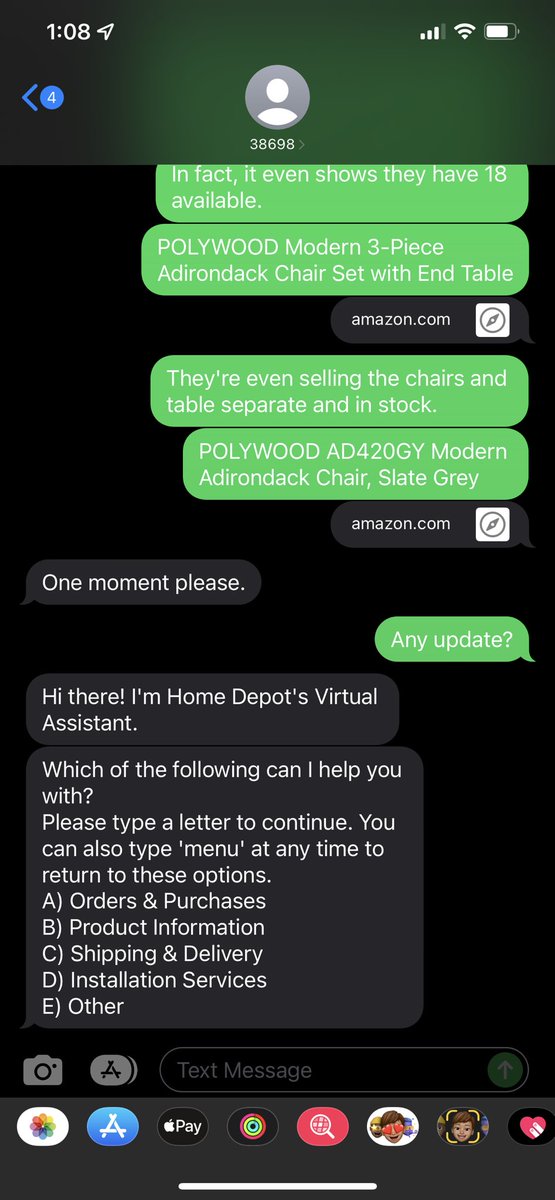 CoryinHD's tweet photo. @HomeDepot when I pointed out that @POLYWOOD had the items in stock and was selling them for more money on @amazon your agent dumped the chat and left me hanging. #homedepot https://t.co/Dak0P8JyJc