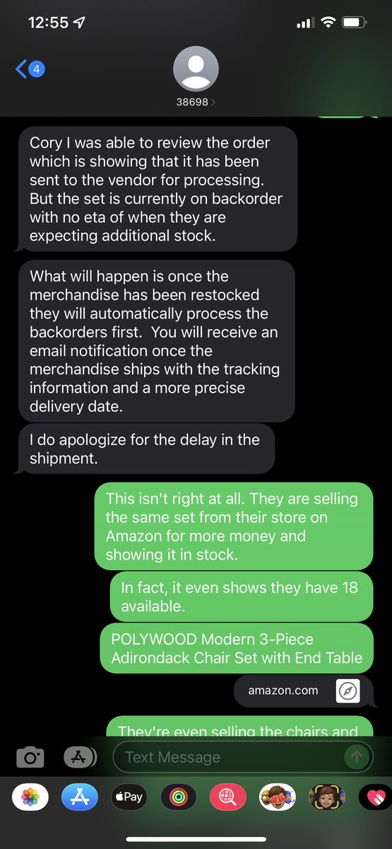 CoryinHD's tweet photo. @HomeDepot when I pointed out that @POLYWOOD had the items in stock and was selling them for more money on @amazon your agent dumped the chat and left me hanging. #homedepot https://t.co/Dak0P8JyJc