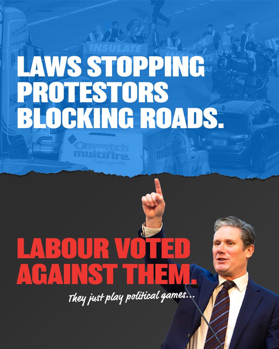 ⛔️ At every single opportunity, Labour have voted against laws to keep extreme protestors blocking roads.

🥀 More political games from a party with no plans.