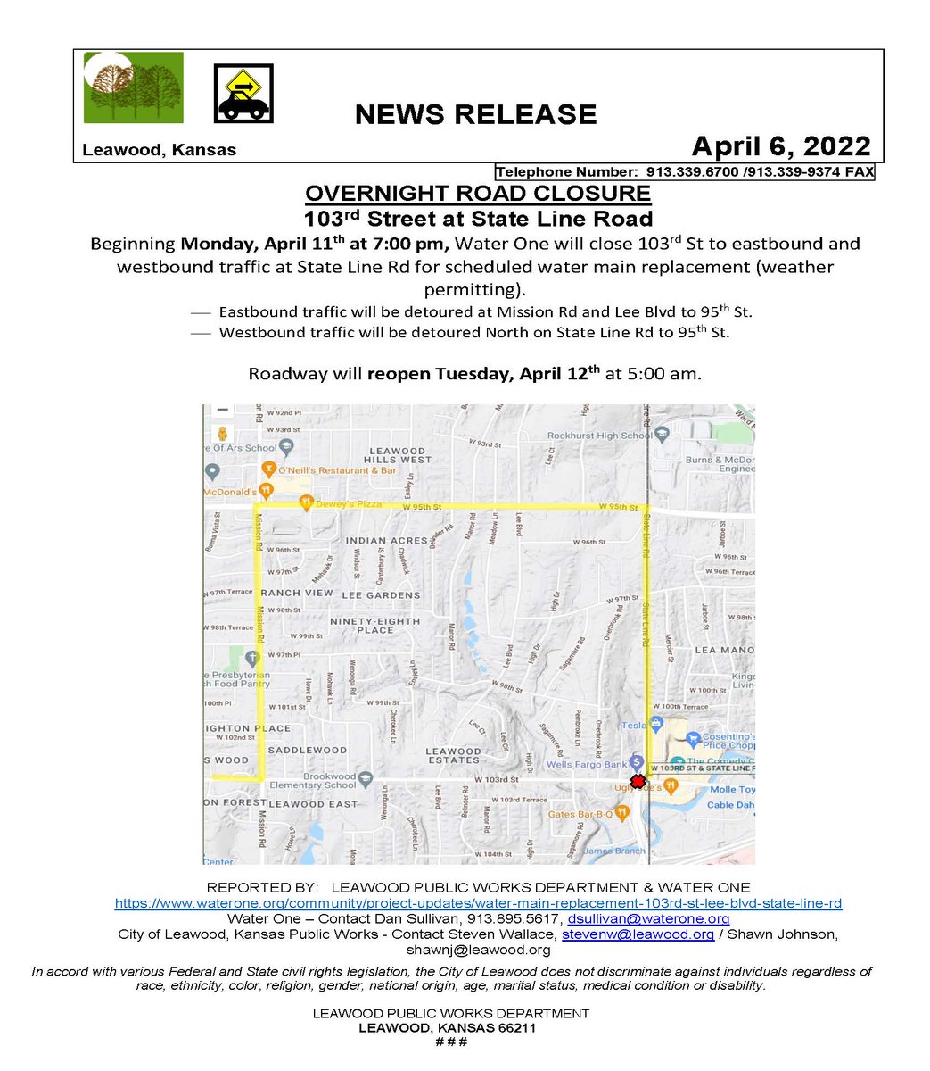 OVERNIGHT ROAD CLOSURE - Monday, April 11 starting at 7:00pm, 103rd Street will close between Mission and State Line Road for a scheduled water main replacement.  The roadway is scheduled to reopen on Tuesday, April 12 at 5:00am.