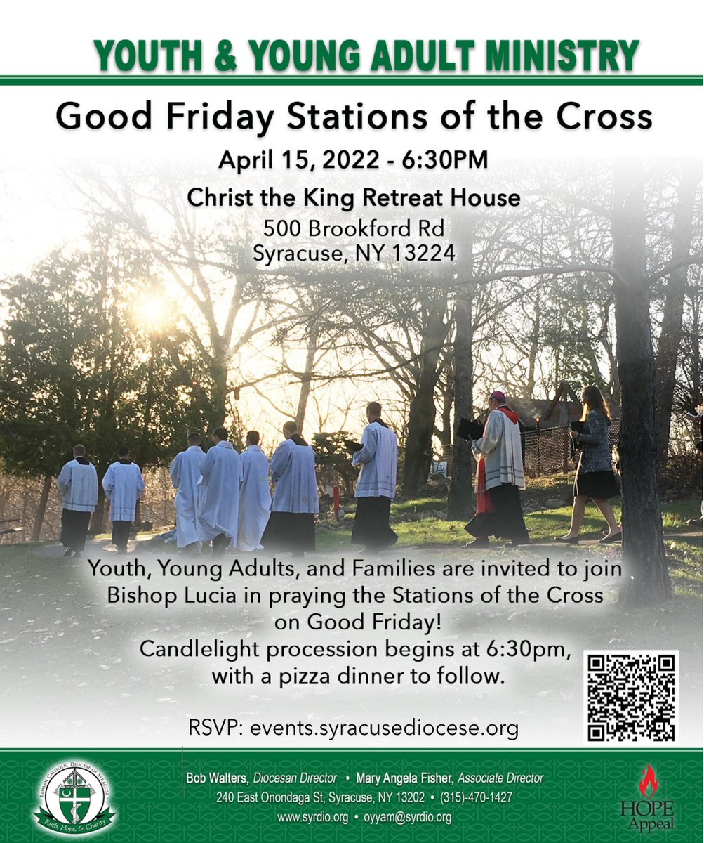 YAMSyracuse's tweet photo. Join Bishop Lucia for outdoor Stations of the Cross on Good Friday! Candlelight procession begins at 6:30pm at Christ the King Retreat House.

Register below!
https://t.co/0Xr6HQQOGC https://t.co/IHMml9CwLn