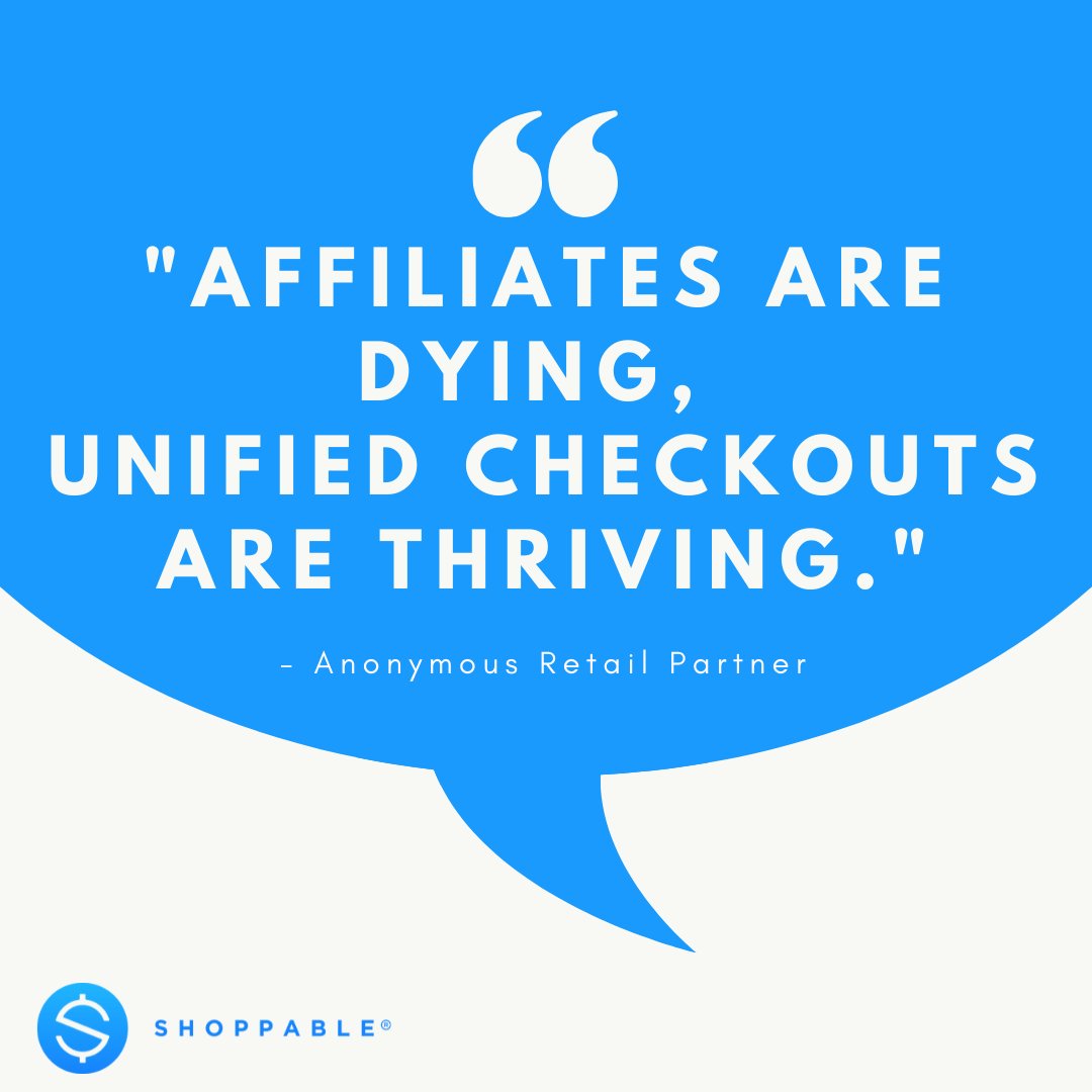 HeatherUdo's tweet photo. This was unprompted--- in a recent discussion, one of the largest retailers in the country said: "affiliates are dying and unified checkouts are thriving." 

We couldn't agree more.

#checkout #universalcheckout #affiliatemarketing #commerce #commerceanywhere #retail https://t.co/tyfW65zeUY