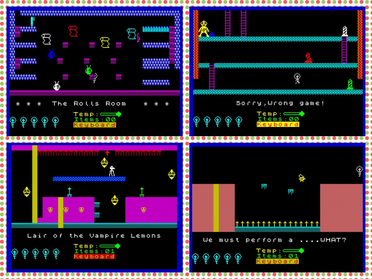 OldSchoolBooks1's tweet photo. Today's #retrogaming on the #ZXSpectrum #StayKool , no it's not #JetSetWilly , or Manic Miner , or Donkey Kong! All though there are certain similar screens! It doesn't control as well as those games though, but the screen names are fun. #ZXretweets https://t.co/9CQFgZ2qQ3