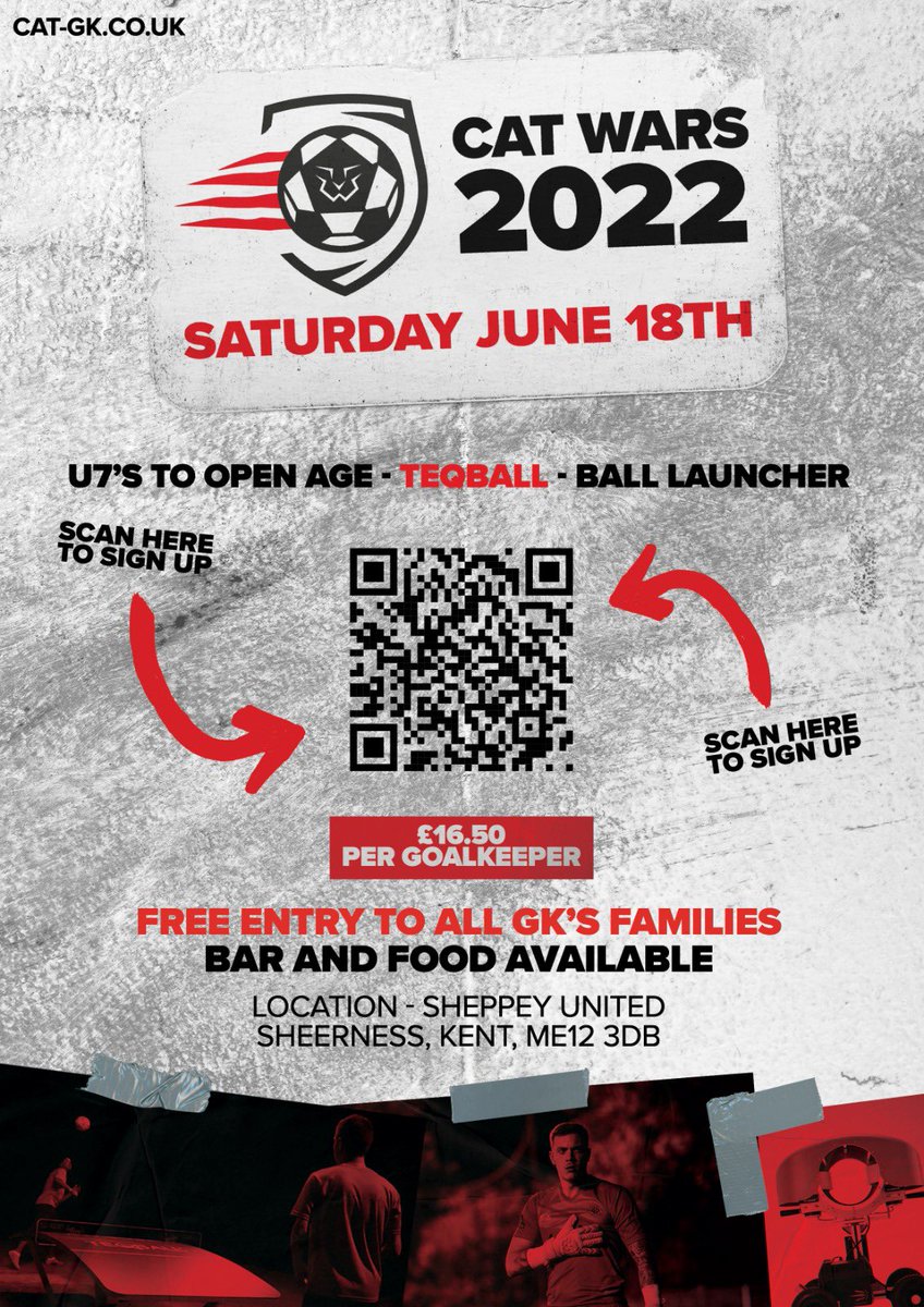 CAT_GK1's tweet photo. 💥CAT WARS 2022💥
🗓:18th June 2022
📍 :Sheppey United Football Club
🎟 : https://t.co/PKCFrT4saq…
💷: £15 (+ £1.50 Booking Fee)
🍔: Food and Drink Available
⚠️Teqball Tables⚠️
⚠️Ball Launcher Experience⚠️
#FearLessDominateMore #CATWARS2022 https://t.co/jSBUvpjKNW