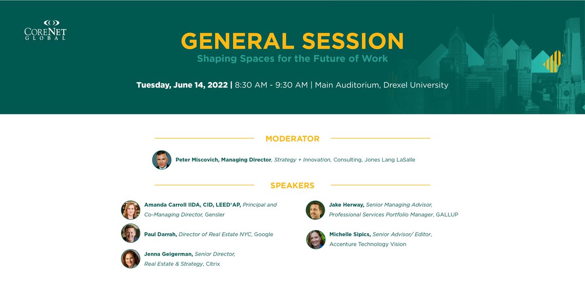 CoreNetERS's tweet photo. We are excited to announce our General Session, "Shaping Spaces for the Future of Work" panel on Tuesday, June 14th 8:30 AM - 9:30 AM.  For more information on this panel &amp; to register for the Symposium, please visit: https://t.co/uFRz7btT39 
#CoreNetERS22 https://t.co/jLfJKcD8Nf