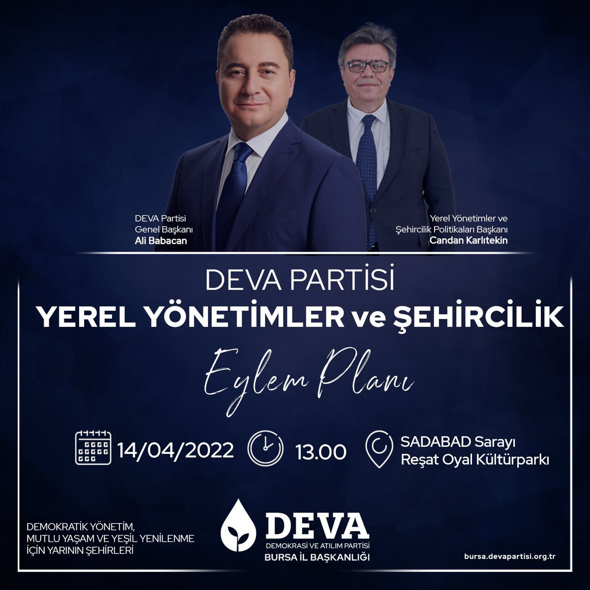 İktidarımızın ilk 90 ve 360 günününde yapacaklarımızı açıklamaya devam ediyoruz. 

Genel Başkanımız Ali Babacan’ın katılımıyla “Yerel Yönetimler ve Şehircilik Eylem Planı"mızı Bursa'da açıklayacağız.

🗓 14 Nisan Perşembe 
⏰ 13.00
📍 Sadabad Sarayı

<a href="/alibabacan/">Ali Babacan</a> , <a href="/C_Karlitekin/">Dr. Candan Karlıtekin</a>