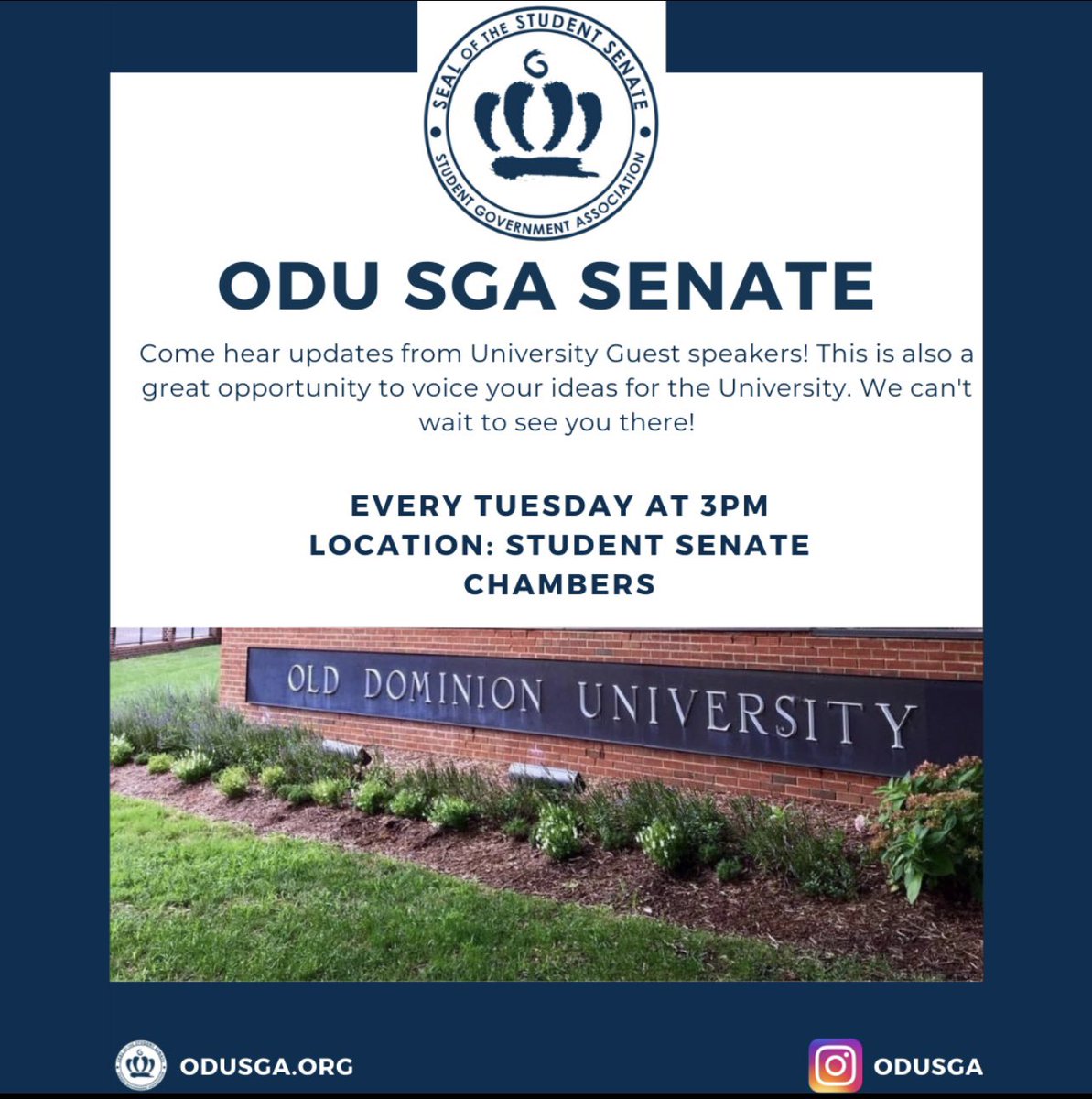 Hello Monarchs🦁💙🤍!! Come hear updates from the ODU Police Department, Housing, and our executive board members!

TOMORROW !! Tuesday, APRIL 12th @ 3:00PM! 

LOCATION: Student Senate Chambers in the Webb Center