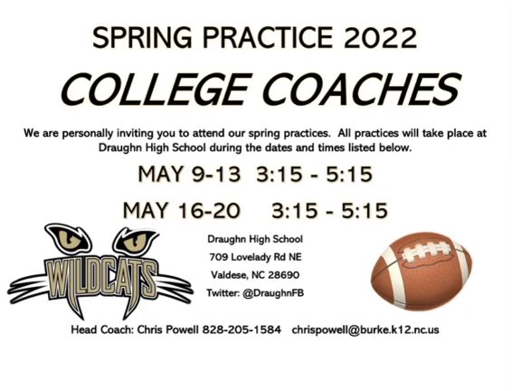 DraughnFB's tweet photo. Attention college coaches…we are inviting you all to attend our spring practices and check out these great young men &amp; athletes at Draughn HS. Don’t miss out!!! https://t.co/cRRKZPPUEh