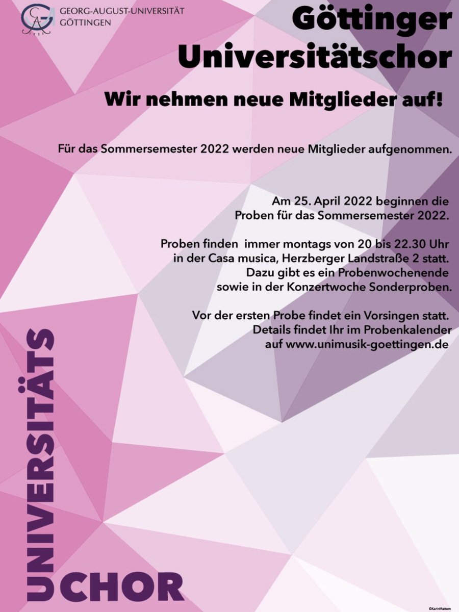 Das neue Semester hat begonnen und wir freuen uns sehr auf das gemeinsame Musizieren und ebenso auf neue Gesichter! Ihr habt Interesse? Dann schaut für Details gerne hier vorbei: unimusik-goettingen.de/index.php/de/
Auf einen gesangreichen Sommer! ☀️🎶