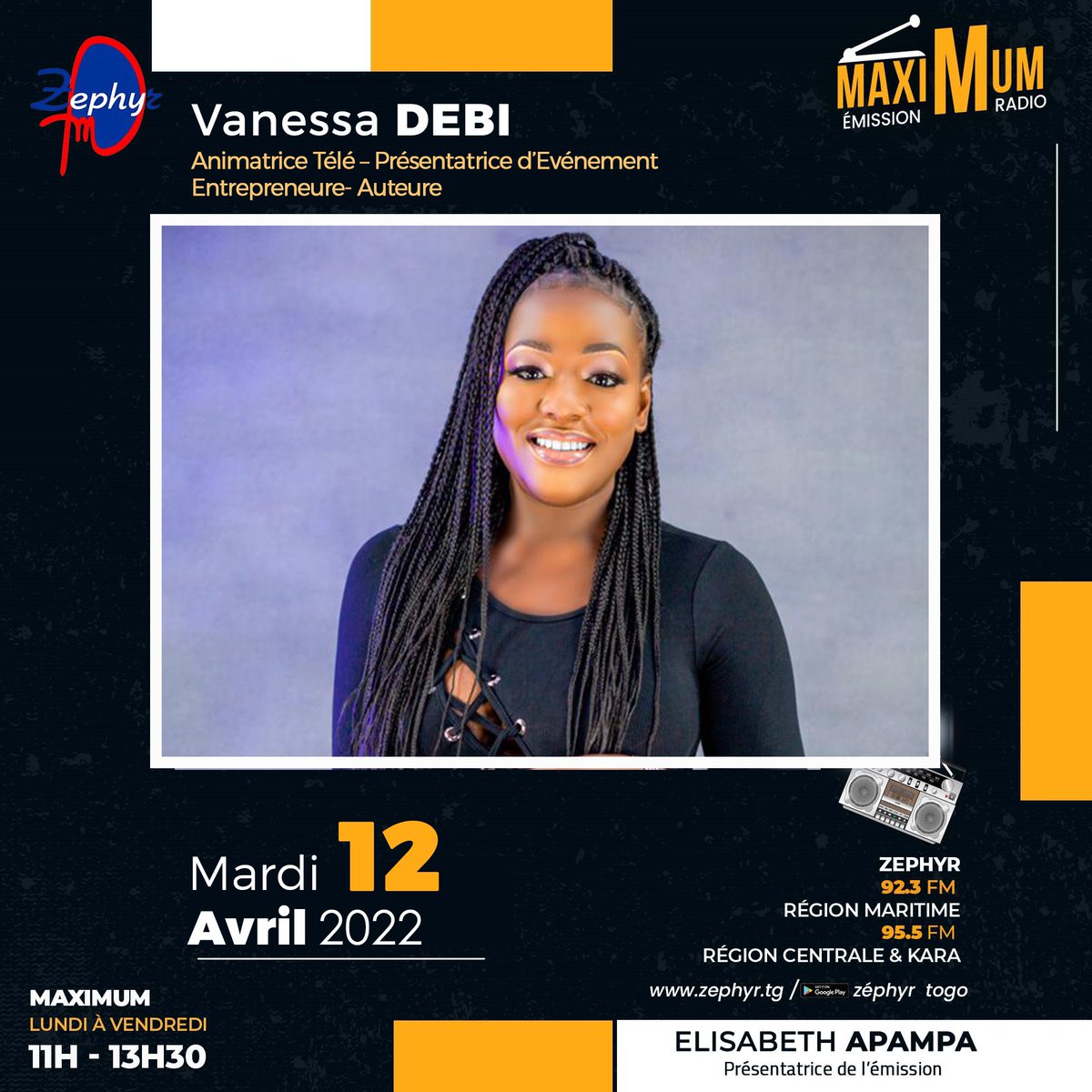 Hello famille.J’espère que votre semaine a bien démarré.
Ma sœur Elisabeth APAMPA me fait l’honneur de me recevoir demain dans Maximum sur Radio Zéphyr à partir de 11h
👉🏽 92.3 Région maritime
👉🏽 95.5 Région centrale et Kara
👉🏽 zéphyr.tg
👉🏽 L’application Zéphyr Togo