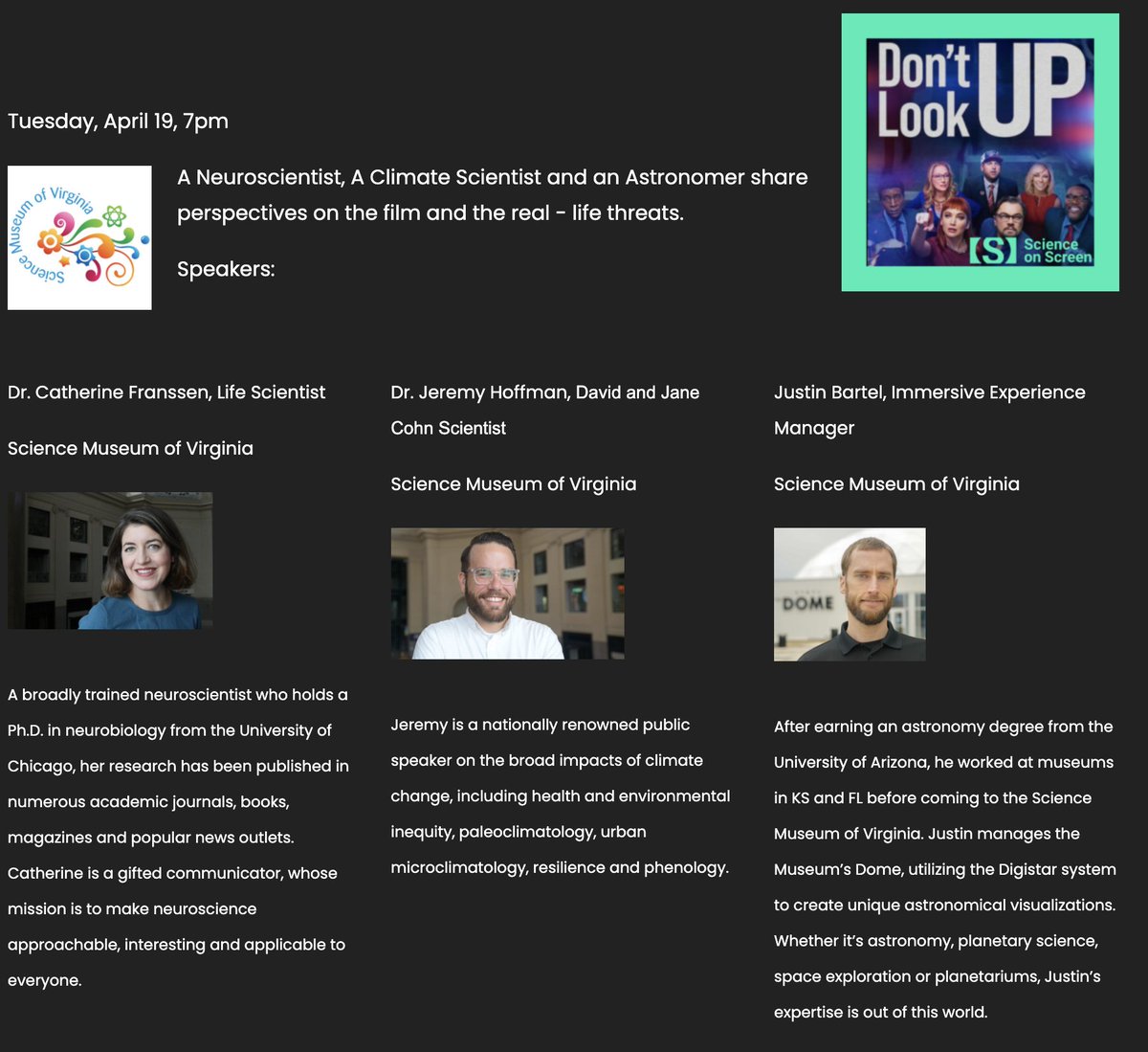 Whatcha doing next Tuesday (4/19)? Join a few science minds from the <a href="/ScienceMusofVA/">Science Museum of Virginia</a> as we put "Don't Look Up" into perspective at the <a href="/thebyrdrva/">The Byrd Theatre</a>! Get your tickets here: byrdtheatre.org/programming/sc…