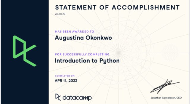 Rita_tyna's tweet image. Another one in the bag....
I am super happy for all of these little wins as it is all the motivation I need to see this through to the end. I completed #introductiontopython on Data Camp’s #pythonfordatascience in the early hours of today.