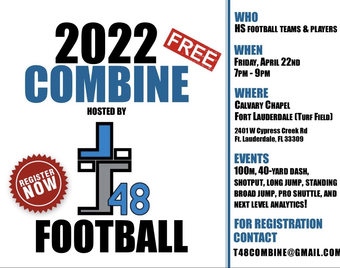 T48Football's tweet photo. @DoralAcademy_FB hope to see your players at our FREE combine!  Verified FAT times and more!  Email for more info https://t.co/Y9dy1LSNfw