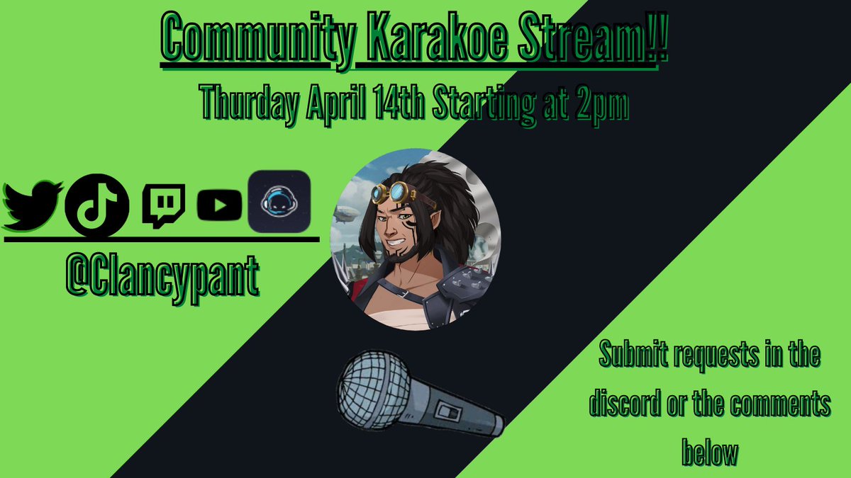 ClancyPant's tweet photo. We hit the community challenge !! The karaoke stream will be this Thursday starting at around 2pm est!! Reply to this post (or in the discord) with song requests 

https://t.co/SEqHGD9VVt

#SupportSmallStreamers #Dripsquad #crowefam @RagingGamers12 @The_HGV @NicoRetweet https://t.co/sNmzRJ90QR