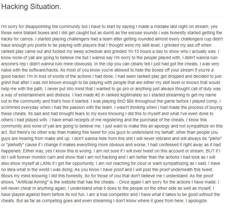 JakeSucky's tweet image. The #2 ranked CoD Vanguard player "Plehxify" who was caught hacking has now responded with this explanation, maintaining the cheats were purchased and used to unlock skin camos in the game... and not competitively