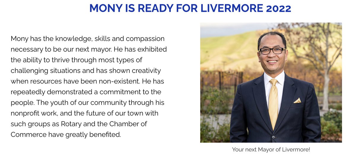 UnifyLivermore's tweet photo. 🚨 Breaking 🚨

Former Mayor candidate @MonyNop will be announcing their 2022 Mayoral candidacy soon.

His number 1 issue is moving the Eden Housing from its current location downtown Livermore.

Updated link showing 2022 issues:
https://t.co/fMOVi2arGF https://t.co/TCd0tHkDCo