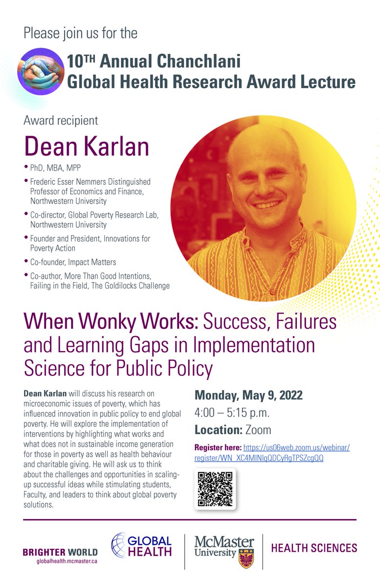 McMasterGHO's tweet photo. Join us for the 10th Annual Chanchlani Global Health Research Award and Lecture with Dr. Dean Karlan

When Wonky Works: Success, Failures and Learning Gaps in Implementation Science for Public Policy

Registration link: https://t.co/geViECM1iG

@deankarlan 
@DrSoniaAnand1 https://t.co/t0ma6rBbKb