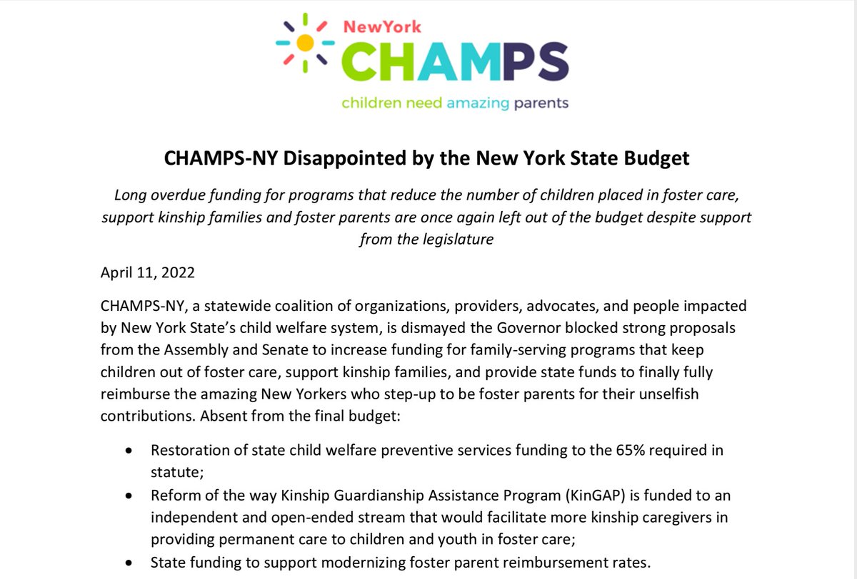 CHAMPSNewYork's tweet photo. We are dismayed @GovKathyHochul  blocked strong proposals to increase funding for programs that keep children out of #fostercare, support kinship families, &amp; provide state funds to fully reimburse the amazing New Yorkers who step-up to be foster parents. 

https://t.co/Fq8a6Tfg3g https://t.co/V6RIVnLrJJ