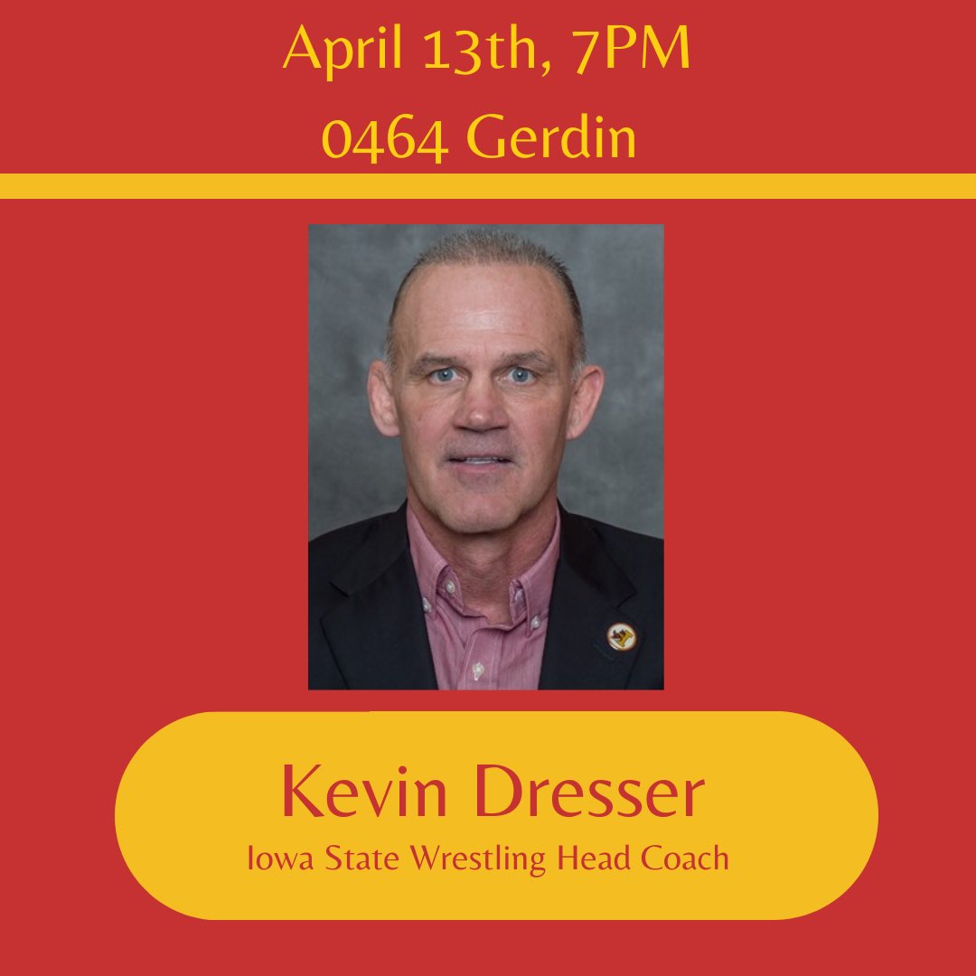 ISUSBC's tweet photo. Our guest speaker this week is Kevin Dresser, head coach of the Iowa State wrestling team. From Humbolt, Iowa, coach Dresser took the head coach job in 2017.  During this meeting, we will be discussing the business side of coaching a team at Iowa State. https://t.co/s2aEntP208