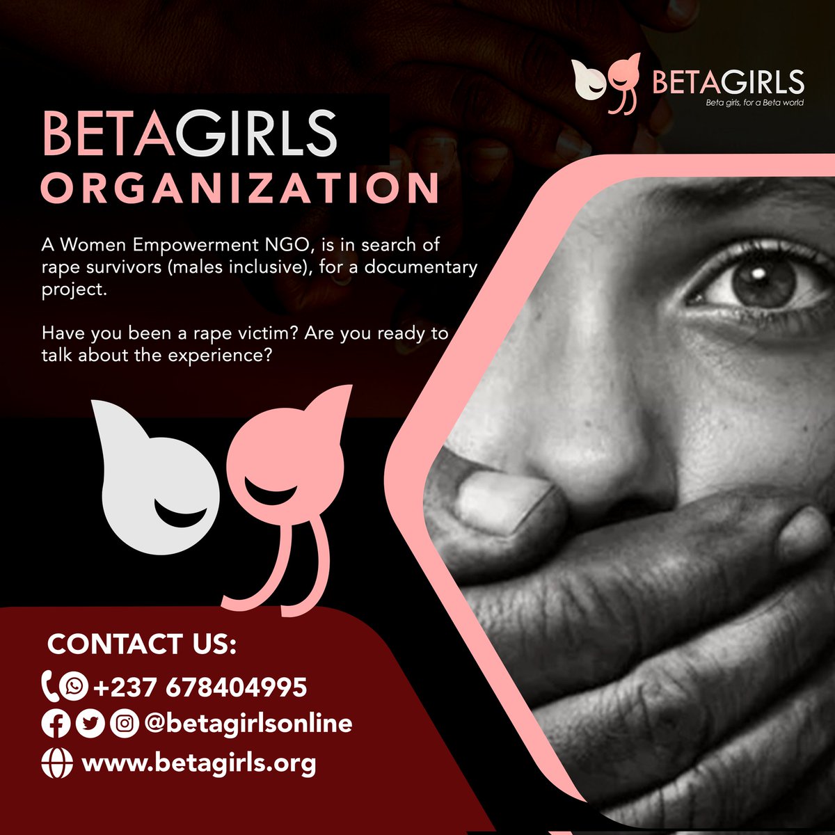 #BetaGirls after a long hiatus, we are back!! We are working on a rape documentary, so we are looking for rape victims who are ready to share. 

WhatsApp/call: +237 678404995 
Email: forbetagirls@gmail.com 
Website: betagirls.org

#BetaGirls