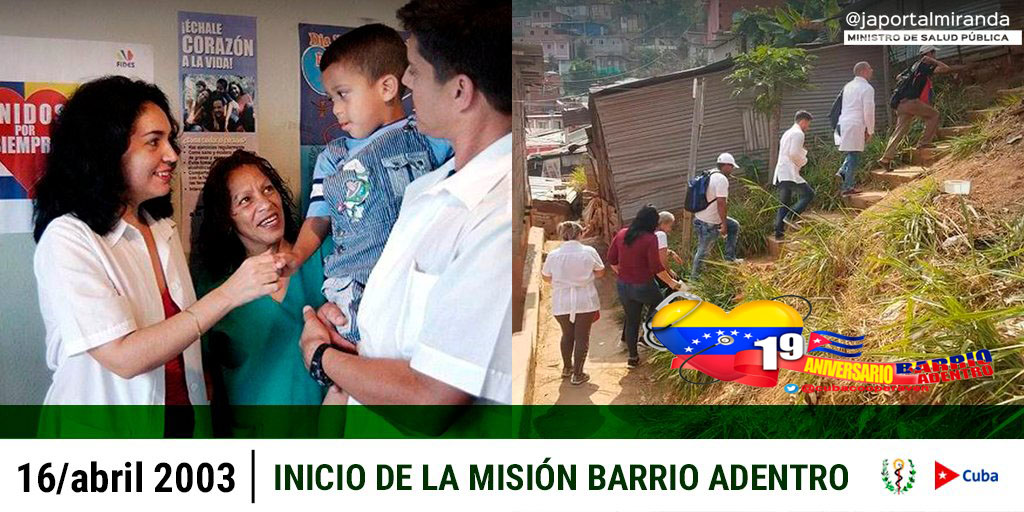 Por 19 años brindando ayuda solidaria y humanista en las comunidades de #Venezuela. 

#Aniversario19BarrioAdentro #CubaPorLaVida #CubaCoopera 

<a href="/cubacooperaven/">Brigada Médica Cubana en Venezuela</a> <a href="/MINSAPCuba/">Ministerio de Salud Pública de Cuba</a> <a href="/PardoRegla/">Regla Angulo Pardo</a> <a href="/japortalmiranda/">José Angel Portal Miranda</a> <a href="/MinSaludVE/">MPPSalud</a> <a href="/MagaGutierrezV/">Magaly Gutiérrez Viña</a>