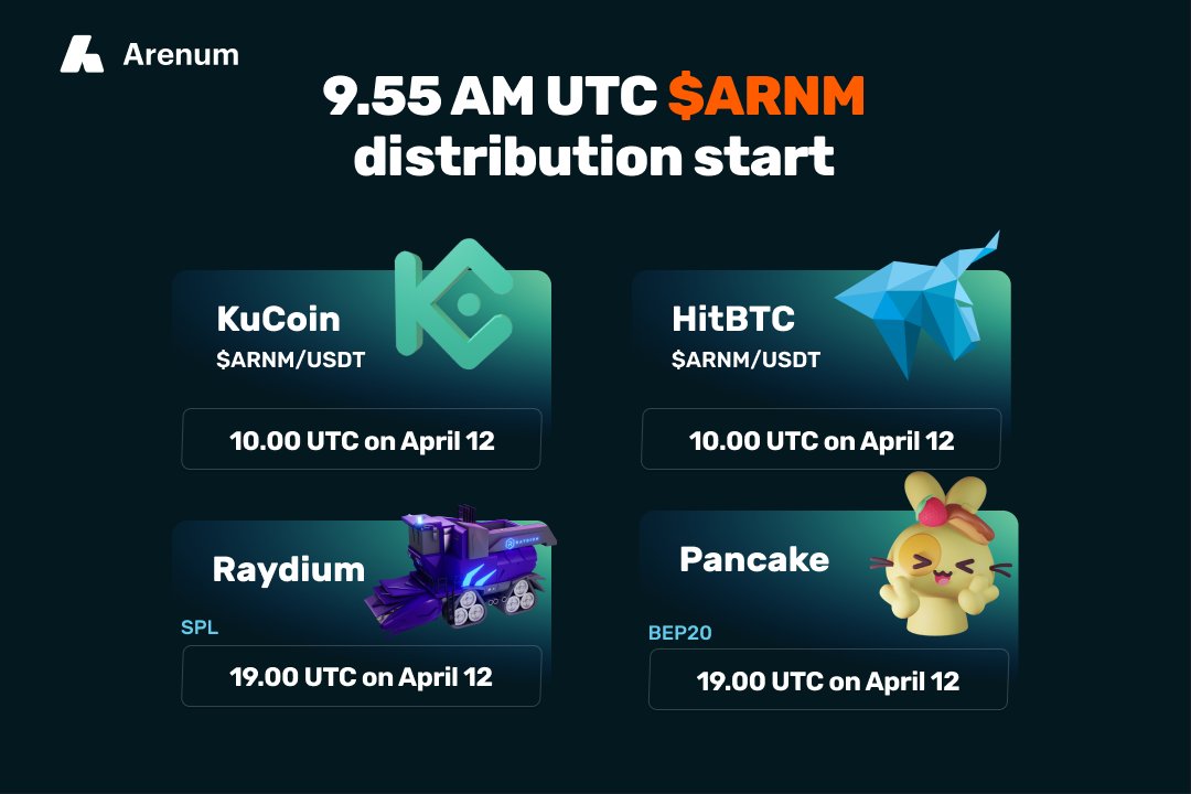 💫 Arenum.io Listing Schedule 💫

🚀 April 12th

🌎 09:55 AM - Token distribution START

🌍 10:00 AM - Arenum goes live on KuCoin &amp; HitBTC

🌏  07:00 PM - Arenum goes live on Raydium &amp; PancakeSwap 

🚀 April 13th

🌏  07:00 PM - Arenum goes live on Uniswap