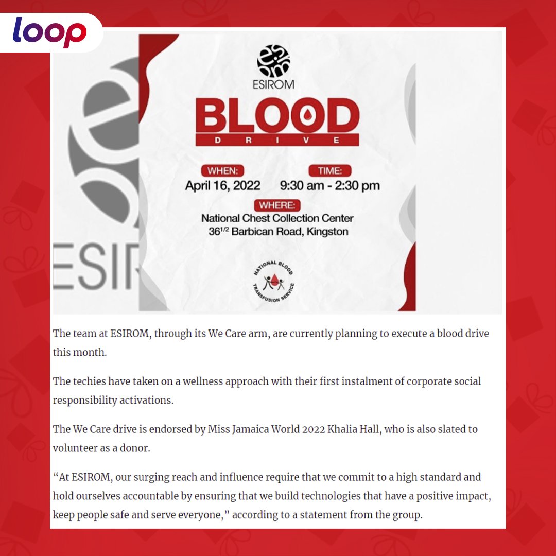The Esirom team, through their We Care arm is hosting their first Blood drive this Saturday April16th, at the National Chest Collection located at 36 ½ Barbican Road. Each donor will receive a $500JMD digital gift card courtesy of #BlinkSkyJamaica
