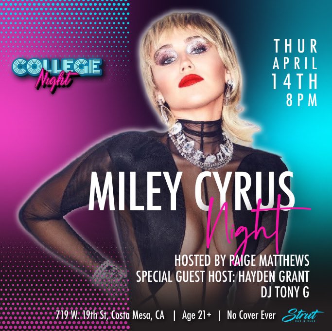 strutoc's tweet photo. Come party with Miley this Thursday with our special guest host: @haydentherunner π₯ #smilers #collegenight #strutuniversity #strutoc #ThirstyThursday https://t.co/r9iu7vNWBM