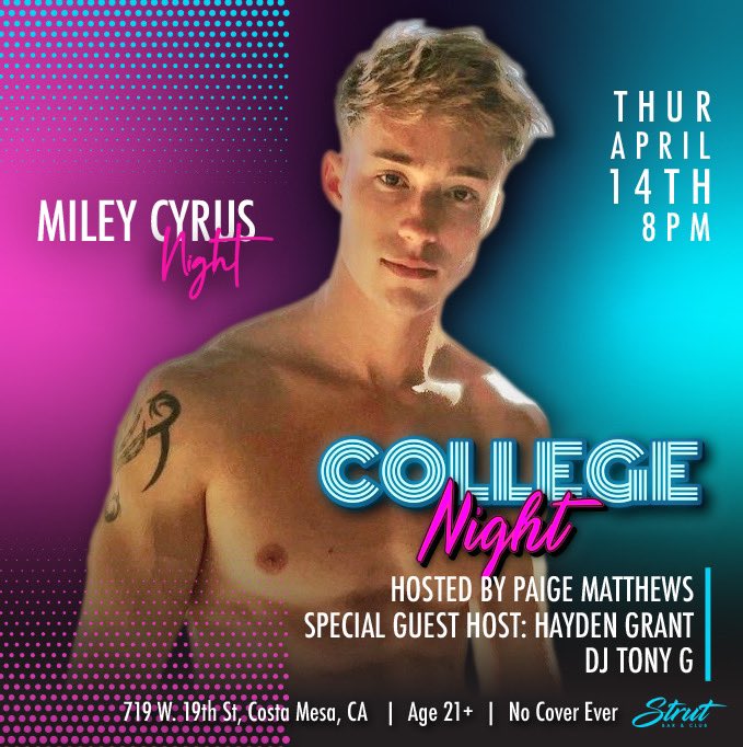 strutoc's tweet photo. Come party with Miley this Thursday with our special guest host: @haydentherunner π₯ #smilers #collegenight #strutuniversity #strutoc #ThirstyThursday https://t.co/r9iu7vNWBM