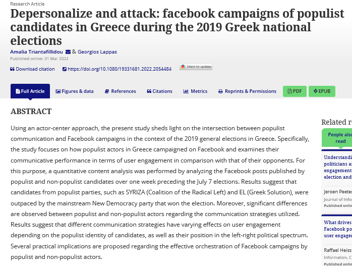 JITP_APSA's tweet photo. "Depersonalize &amp; attack: #facebook campaigns of #populist candidates in #Greece during the 2019 Greek national #elections"

Drs @amaliatr72 &amp; @GeorgiosLappas study how populist identities can affect communication with voters

👉https://t.co/A9vA6j0snM https://t.co/lxGFO1HkeT