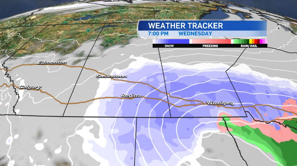 BradlynOakes's tweet photo. Here is how the storm timeline looks to be shaping up across Sask (still some model variation). We can expect the snow to start tomorrow afternoon and continue through Friday am. This heavy snow will combine with gusting winds up to 90km/h. Don't plan to travel this week! #SaskWX https://t.co/DZy5S4iTVC