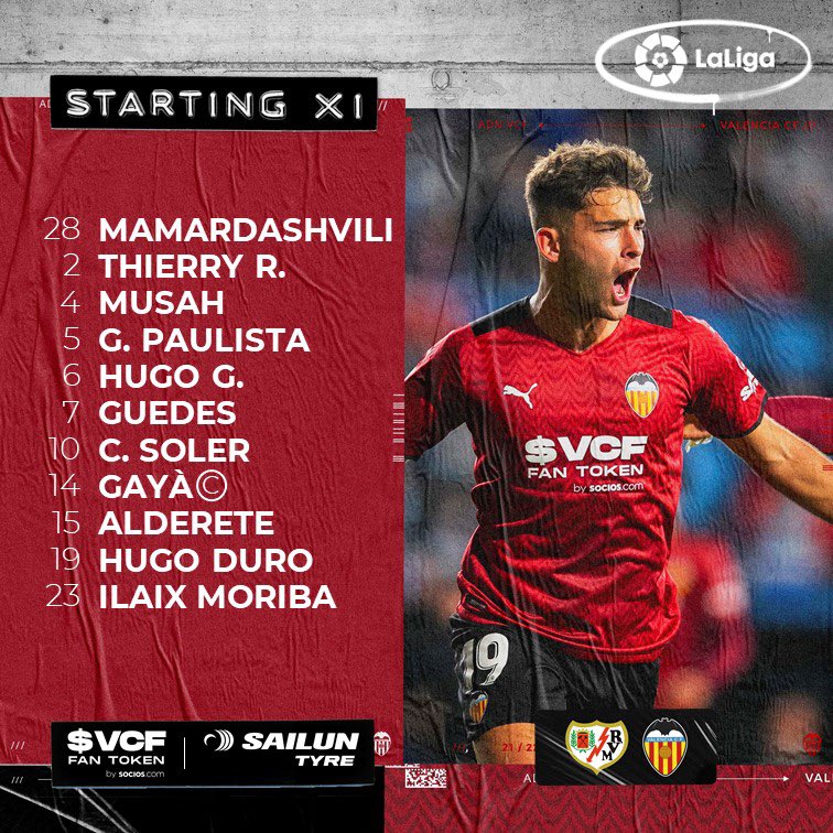 Domingortiz's tweet photo. 🦇 XI del #VCF 🦇
🧤 Mamardashvili
⚔️ Paulista, Hugo Guillamón, Alderete
🛡 Thierry, Ilaix Moriba, Carlos Soler, Yunus Musah, Gayà
⚽️ Guedes, Hugo Duro
#rayoVCF #LaLiga https://t.co/Z8nphRz28M