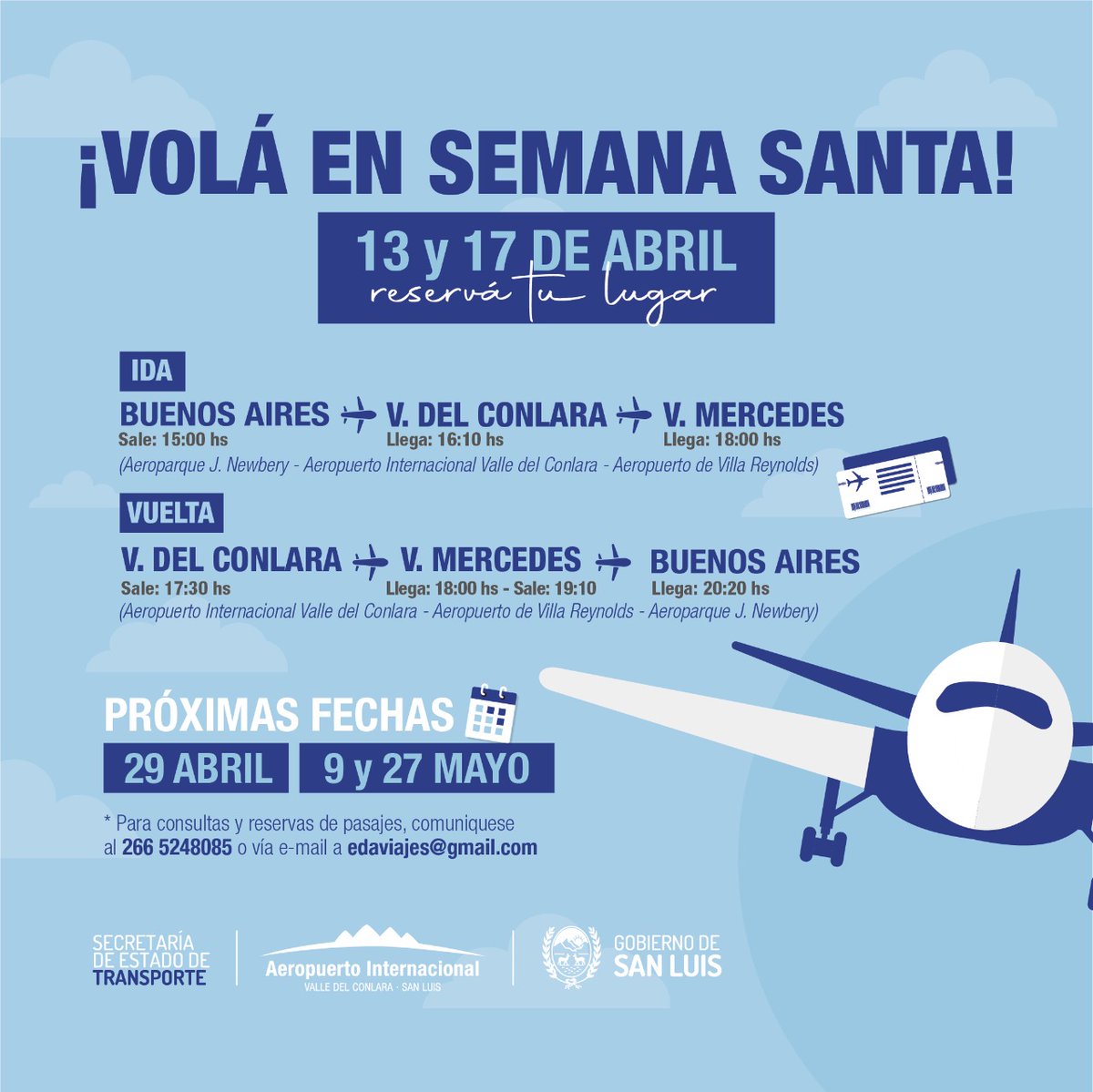 Aprovechá los vuelos que unen Aeroparque – Conlara y Villa Reynolds 🛩️🛄

#TransporteSanLuis
#SomosTransporte