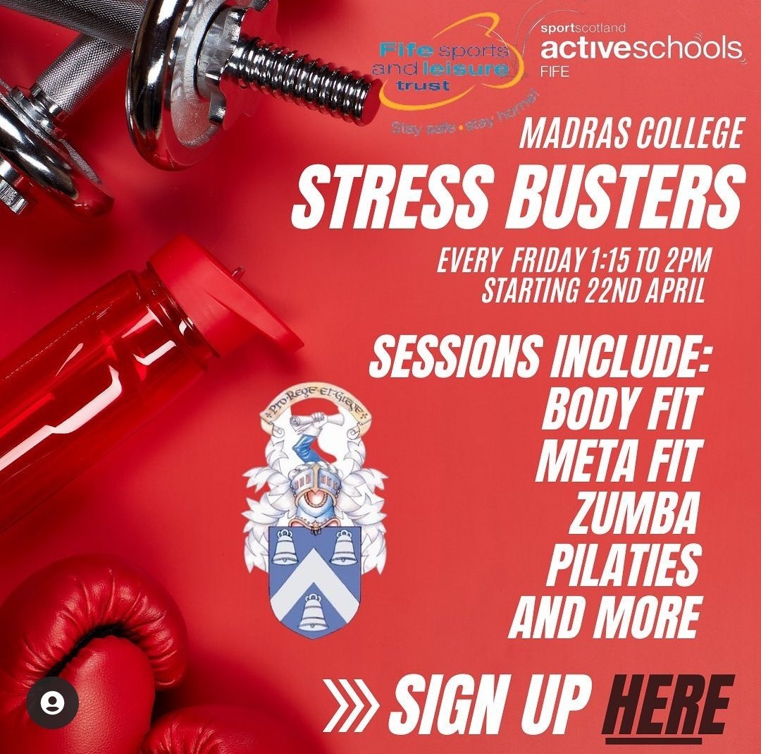 Madras PE (@madraspe) on Twitter photo We have a great opportunity for all S4-6 pupils to take part in our fitness stress buster sessions during study leave. Sign up for a range of activities via the link below β¬οΈ
forms.office.com/r/d0ewvhKJ99
<a href="/FifeActiveSch/">Fife Active Schools</a> <a href="/Madrascollege/">Madras College</a> <a href="/FifeLeisure/">Fife Sports and Leisure Trust</a> We have a great opportunity for all S4-6 pupils to take part in our fitness stress buster sessions during study leave. Sign up for a range of activities via the link below β¬οΈ
forms.office.com/r/d0ewvhKJ99
<a href="/FifeActiveSch/">Fife Active Schools</a> <a href="/Madrascollege/">Madras College</a> <a href="/FifeLeisure/">Fife Sports and Leisure Trust</a>