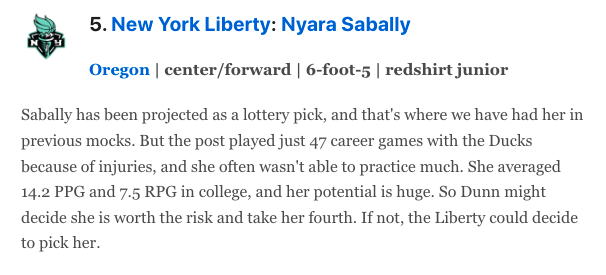 ESPN's latest WNBA mock draft predicts an Oregon reunion in NYC with the Liberty taking Nyara Sabally. Would make Sabally teammates with Sabrina Ionescu. 
https://t.co/or5oHOV6V0 https://t.co/AEoUXj79vZ