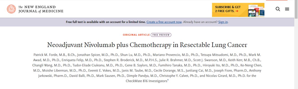 LUNGevity's tweet image. HOT OFF THE PRESS! Congratulations @FordePatrick @nicogirardcurie @DoctorJSpicer on the NEJM publication on CM-816 &amp;amp; #AACR22 CT plenary. Great to see OS data. Neoadj immunotx is here to stay! DOI: 10.1056/NEJMoa2202170  #LCSM