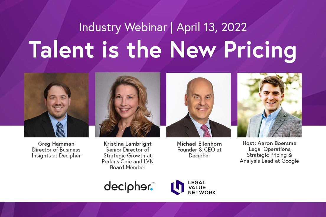 Talent is the New Pricing! Register for the webinar on 4/13 from 12-1 pm ET. We're forecasting how leveraging data for talent is changing the face of the legal industry in the same way that adopting technology solutions and tools advanced pricing models. bit.ly/3tYvFXI.