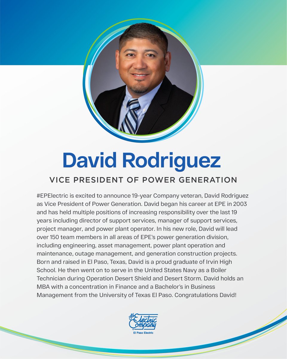 #EPElectric is excited to announce 19-year Company veteran, David Rodriguez as Vice President of Power Generation. 

David began his career at EPE in 2003 and has held multiple positions of increasing responsibility over the years. Check out the great news below. Congrats David!