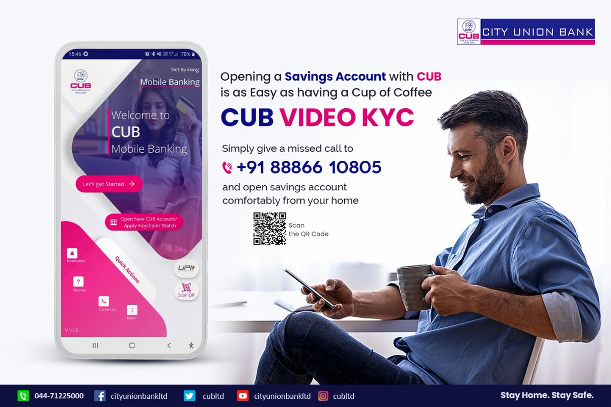 cubltd's tweet photo. Open account instantly from comfort of your home with City Union Bank. Click Here: https://t.co/nUJcSErBoa   
#cubltd #cityunionbank #videokyc #onlineaccount https://t.co/fPm53oeCot