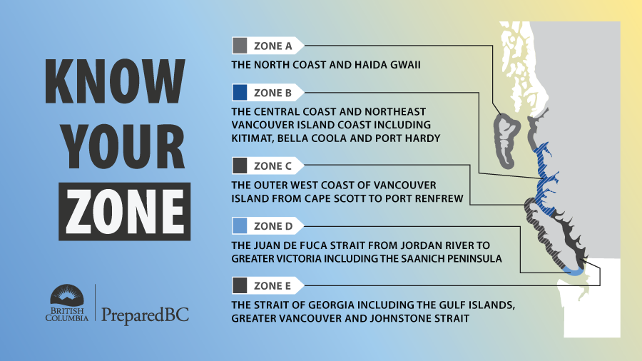 BC's coast is divided into five tsunami notification zones. Know which ones apply to you so you can respond quickly during a tsunami. Learn more & find detailed zone maps at PreparedBC.ca/tsunamis #TsunamiPreparednessWeek