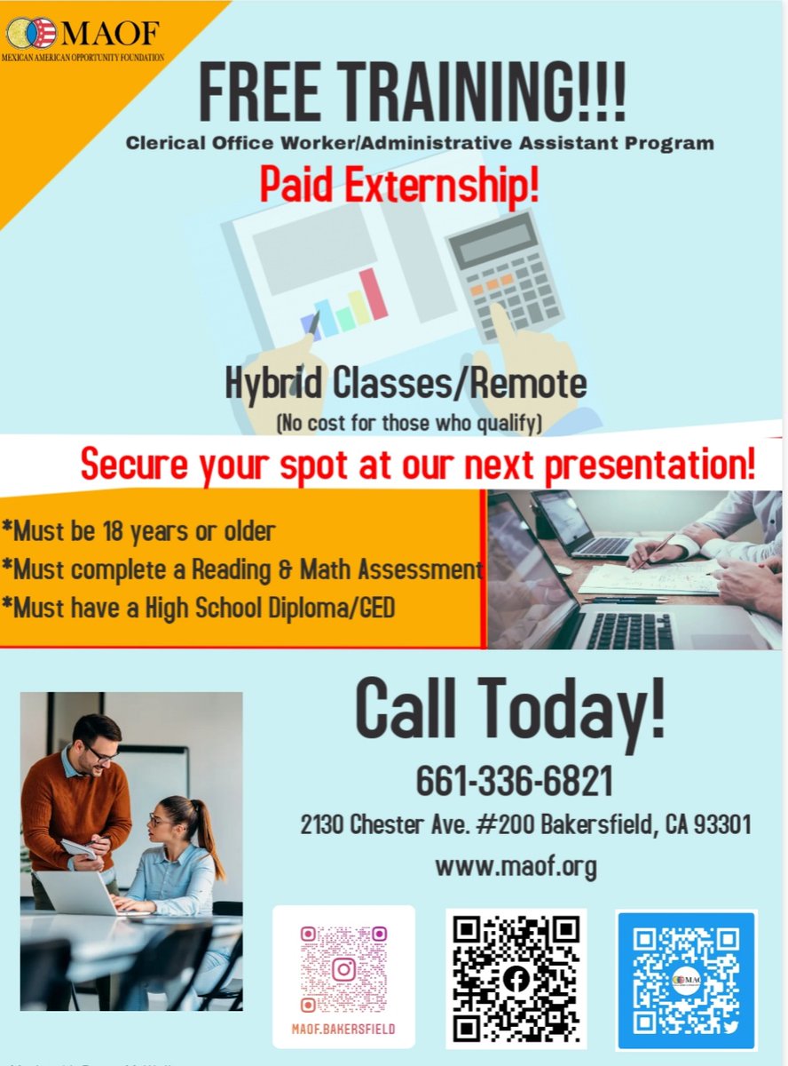 KernMAOF's tweet photo. #Free training for those who are eligible. Call MAOF today to secure your spot at the next orientation (Wednesdays at 2 pm)! 661-336-6821 #Clerical #KernMAOF #ChangingLivesInKernCounty https://t.co/khr7O0aeWY