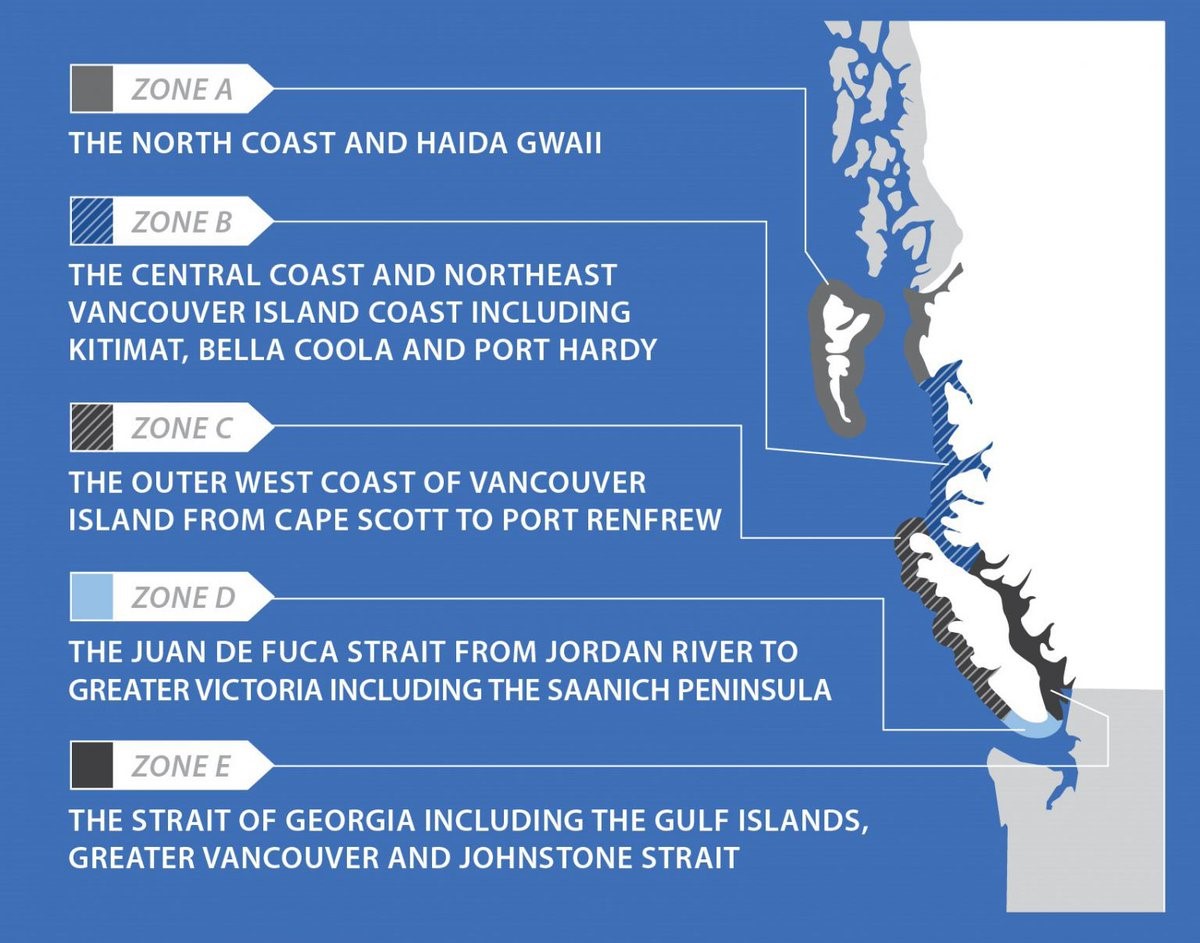 A map of East Coast Tsunami Zones.
