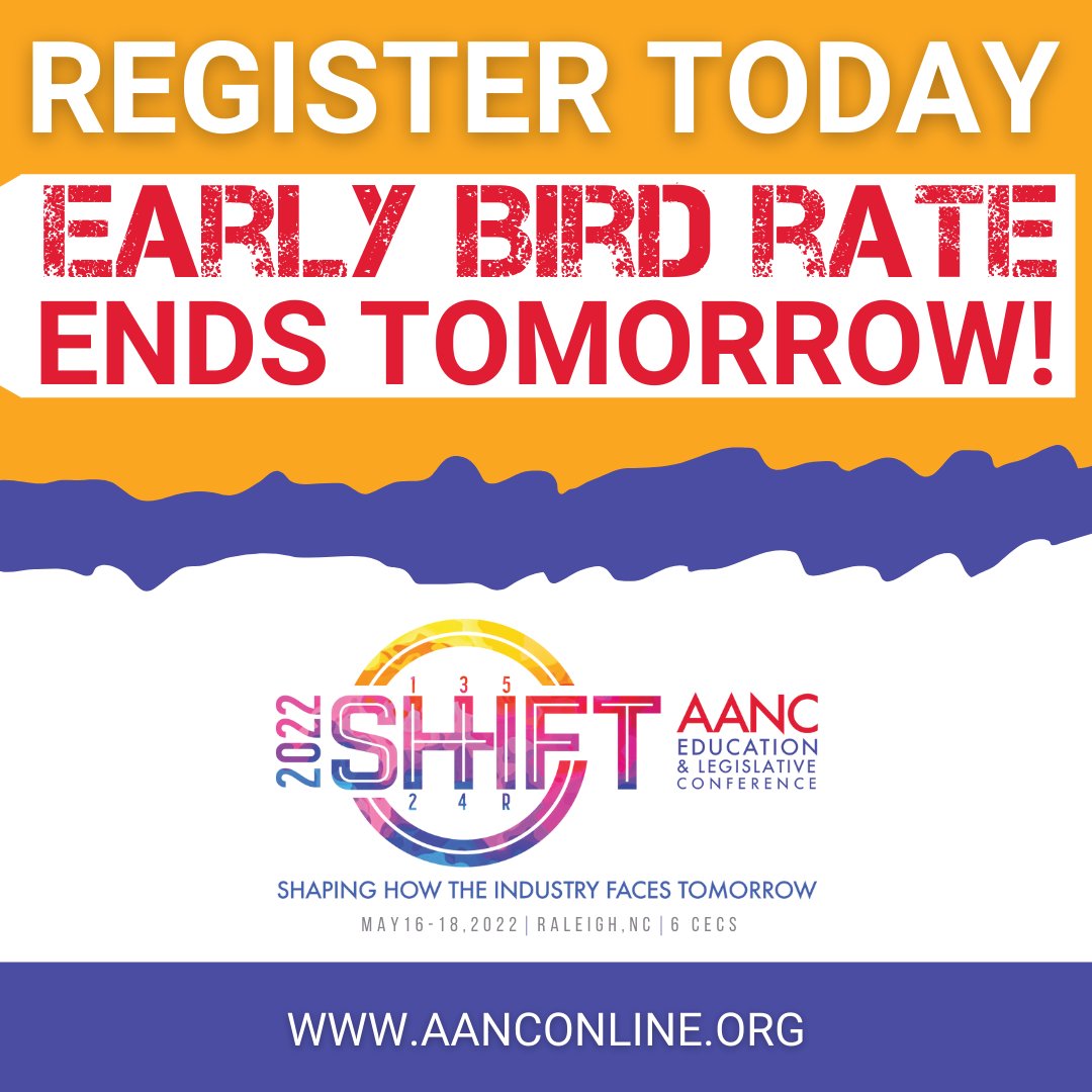 AANCOnline's tweet image. EARLY BIRD RATE ENDS TOMORROW! Are you registered for the AANC 2022 Education &amp;amp; Legislative Conference? Save up to $20 when registered at the early bird discount at tinyurl.com/AANC2022confer…. #AANC2022SHIFT #getSHIFTdone #SHIFThappens #ohSHIFT