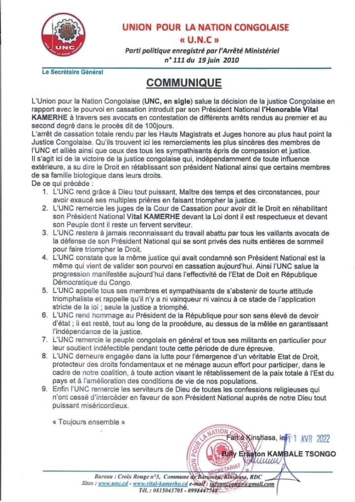Gloire_munga's tweet photo. L'UNC 🛑 remercie les juges de la cour de cassation pour avoir dit le droit en réhabilitant le PN @VitalKamerhe1 et nous espérons vivement son acquittement total. UNC ✊ kaji mbele, tumbo nyuma.
@OfficielVankab @goel_inkese1 @BillyKambale1 @ChristianMasud_ 
@UNC_LUALABA_OFF https://t.co/cAUhO2oeoH
