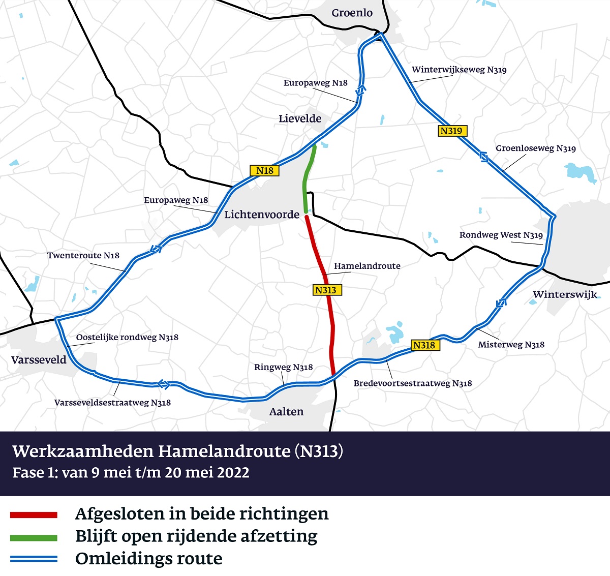 provgelderland's tweet photo. Van 9 mei t/m 20 mei werken we aan de Hamelandroute (N313) tussen Lichtenvoorde en Aalten. Omleidingsroute voor doorgaand verkeer in beide richtingen via de N318, N319 en N18. Bekijk het op onze site https://t.co/xlcYq5h0Aq @gemeenteoostgelre @gemeenteaalten @gebrvkessel https://t.co/Y26rjjkxAi