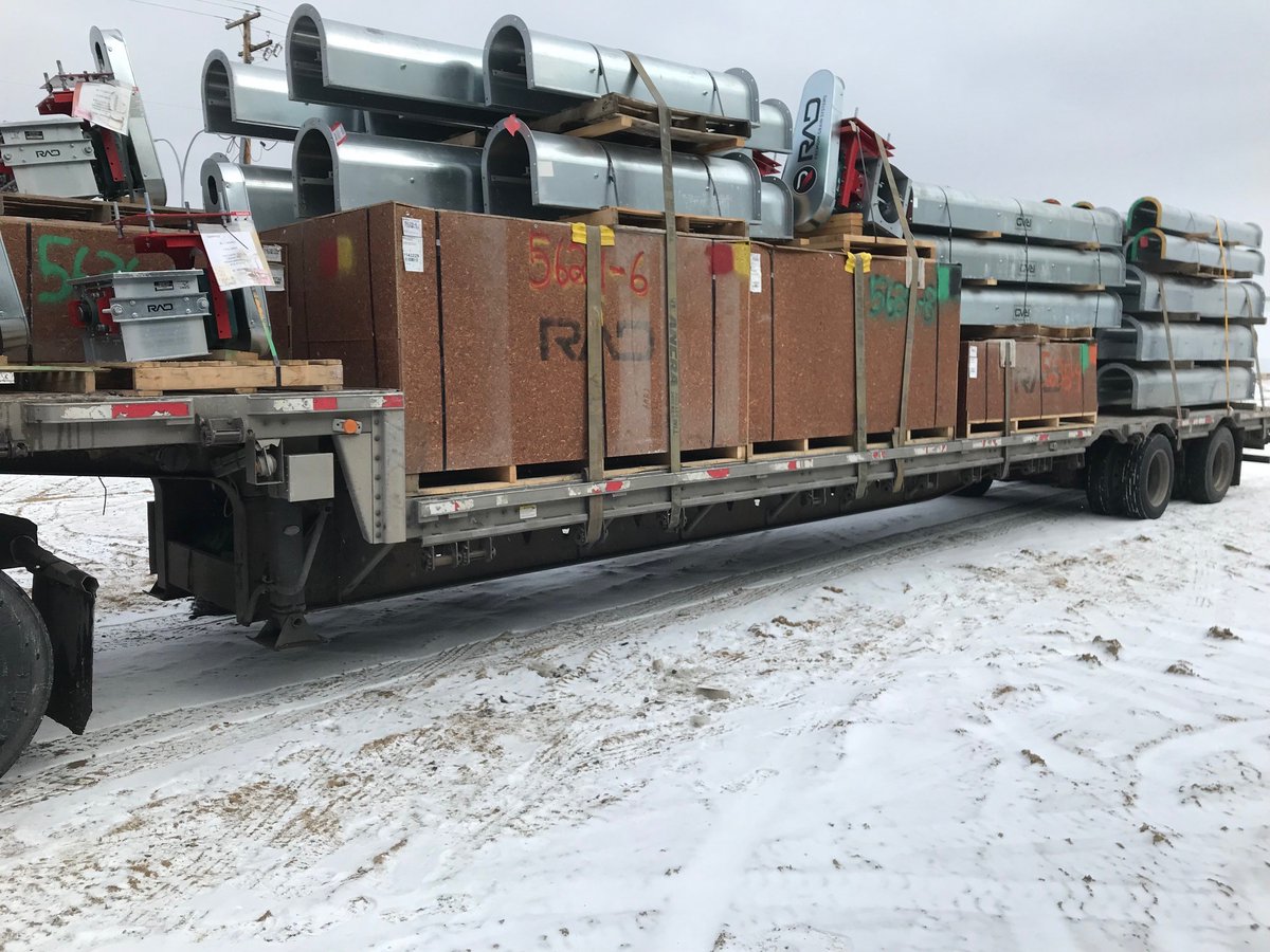 CanSeed's tweet photo. Load #2 of inventory, from @RadEquipements, showed up on this snowy Monday! #saskag #inventory #Canseed https://t.co/5ulBYWkjSq