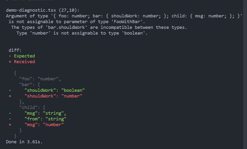 anuraghazru's tweet image. TypeScript error messages are always super hard to read, so I tried to experiment and find ways to improve it.

Created a POC to visualize nested unassignable types with colorful diff formatting: