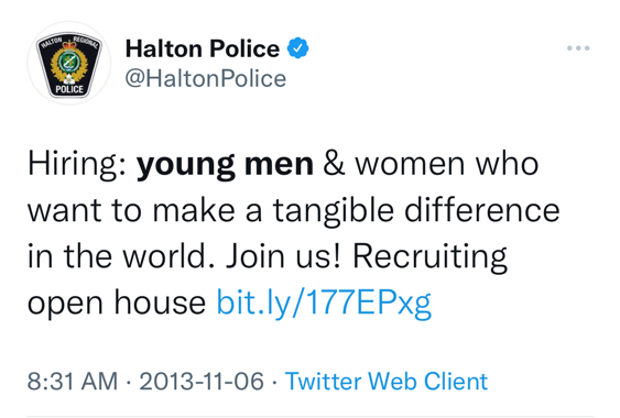 theresadoherty6's tweet photo. @HaltonPolice Any form of discrimination? How about age discrimination in police recruiting? This post ring a bell? https://t.co/AIPwbVZCNM