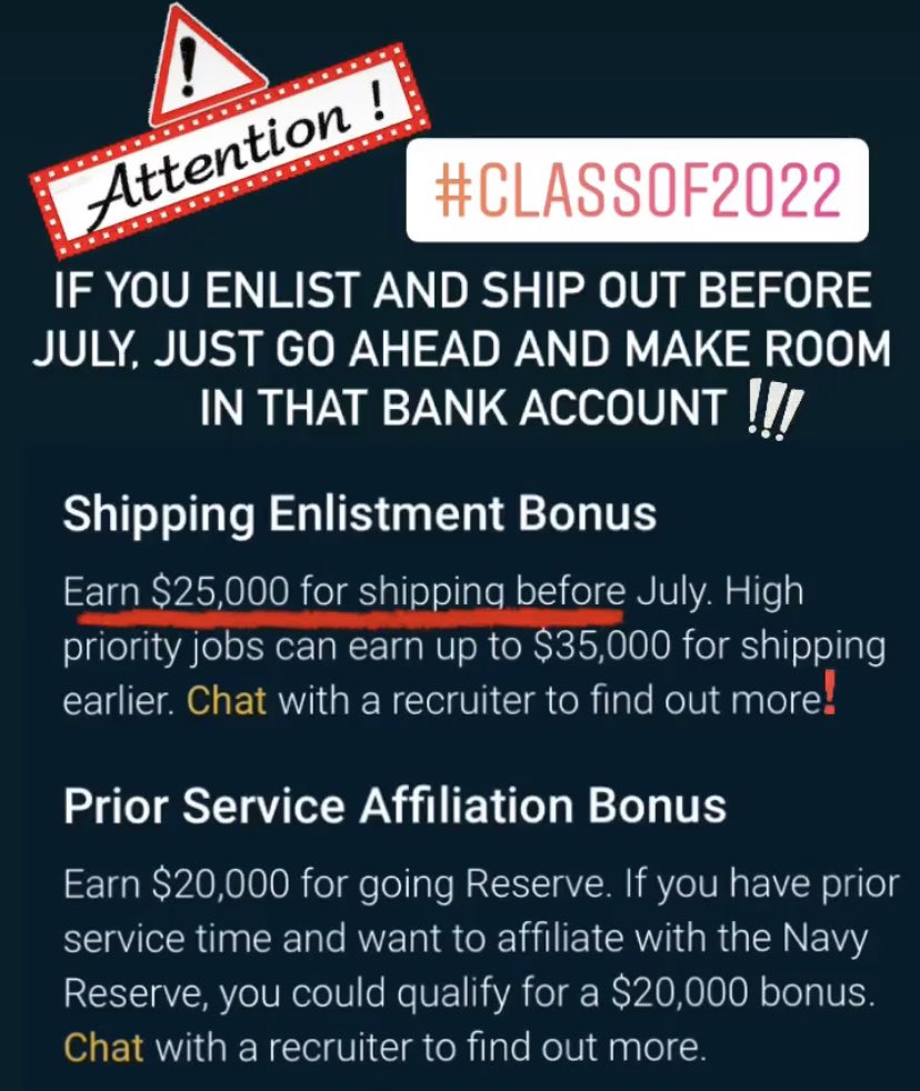 ChiefSchiffner's tweet photo. Hey @FHSStudentNews @GRHSfuture @FHS_MrsRhodes @CFHS_MsSaville @TerryHS_CCMR @LamarCISD @LamarConsHigh check out the bonuses the Navy is offering!!!

#Navybonus #money #Navy #getpaid https://t.co/z4yow3es2w